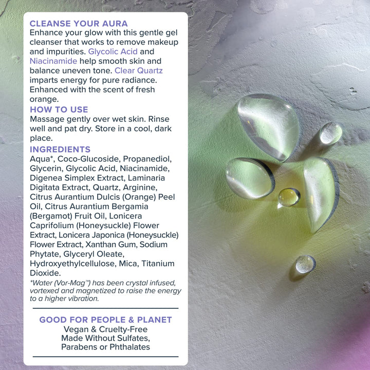 Heritage Store Aura Glow Facial Cleanser, Brightening Wash for a Fresh Glow, All Skin Types, Revitalizing Gel Cleanser Exfoliates &amp; Smooths with Glycolic Acid, Niacinamide &amp; Clear Quartz, Vegan, 6oz