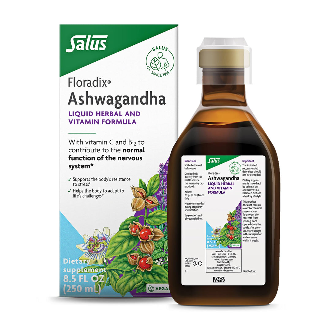 Floradix Ashwagandha Liquid Herbal &amp; Vitamin Formula - Herbal Supplement with Ashwagandha Extract, Vitamin C, B12 &amp; More - for Stress Support - Gentle to Digest - Vegan &amp; Non-GMO - 8.5 fl oz