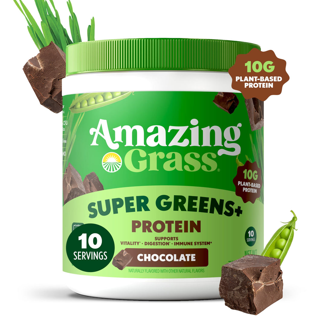 Amazing Grass Super Greens+ Protein Powder, Chocolate – 10g Plant-Based Protein, Supports Digestion &amp; Immune System, Organic Greens Blend, 10 Servings
