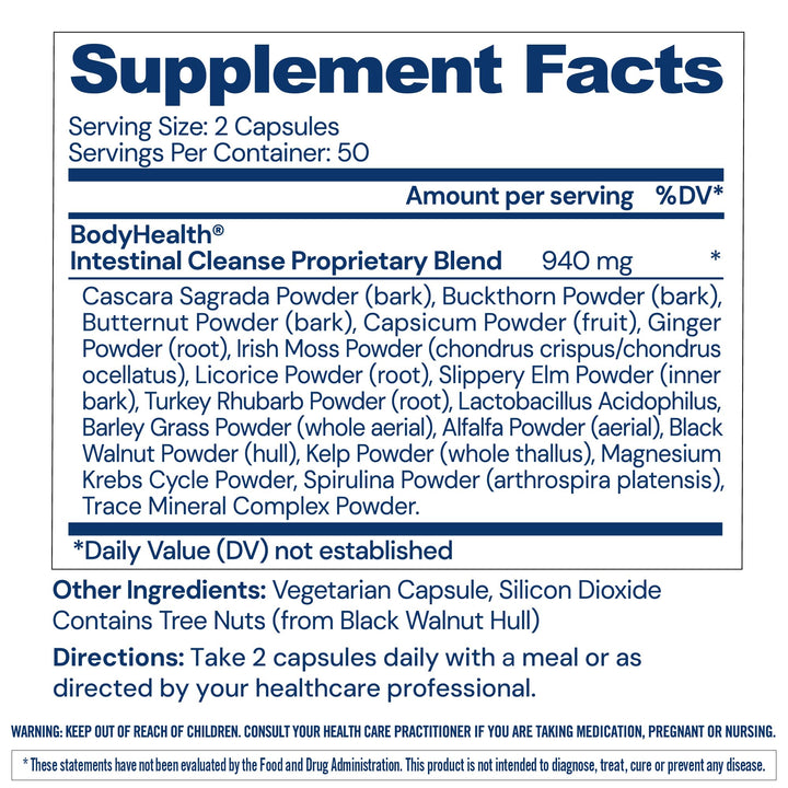 BodyHealth Intestinal Cleanse - Eliminate, Colon Cleanser Detox, Gentle Laxative Pills and Bowel Flush Constipation Relief for Adults, Body Cleanse for Colon Health and Clean Gut (100 Capsules)