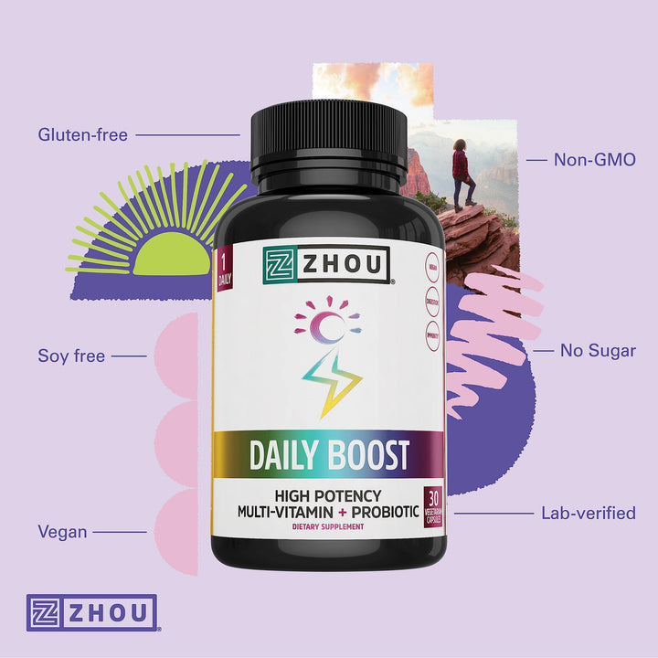 Zhou Daily Boost - Probiotic Multivitamin for Women &amp; Men, Immune Support, Antioxidant &amp; Eye Health Supplement with Vitamin A, Vitamin C, Biotin &amp; Folate for Adults - 30 Veggie Capsules