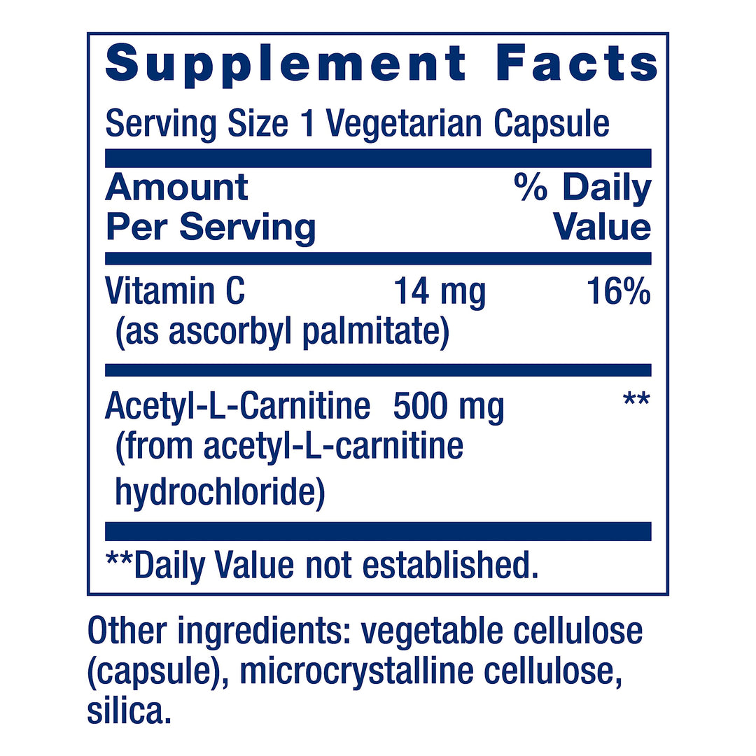 Life Extension Acetyl-L-Carnitine, Acetyl-L-Carnitine, Vitamin C, Brain, Mood &amp; Nerve Health, Cellular Energy, 3-Month Supply, Gluten-Free, Non-GMO, Vegetarian, 100 Capsules