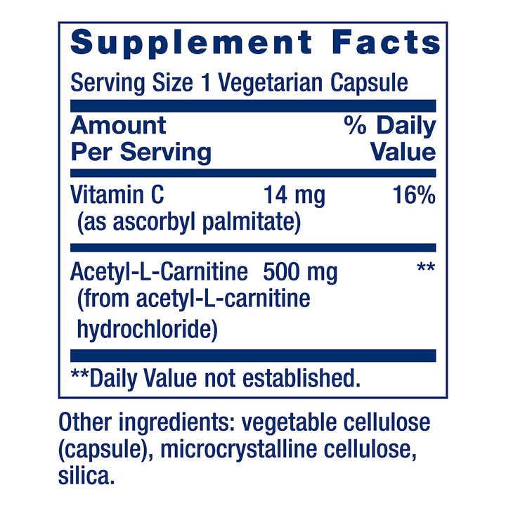Life Extension Acetyl-L-Carnitine, Acetyl-L-Carnitine, Vitamin C, Brain, Mood &amp; Nerve Health, Cellular Energy, 3-Month Supply, Gluten-Free, Non-GMO, Vegetarian, 100 Capsules