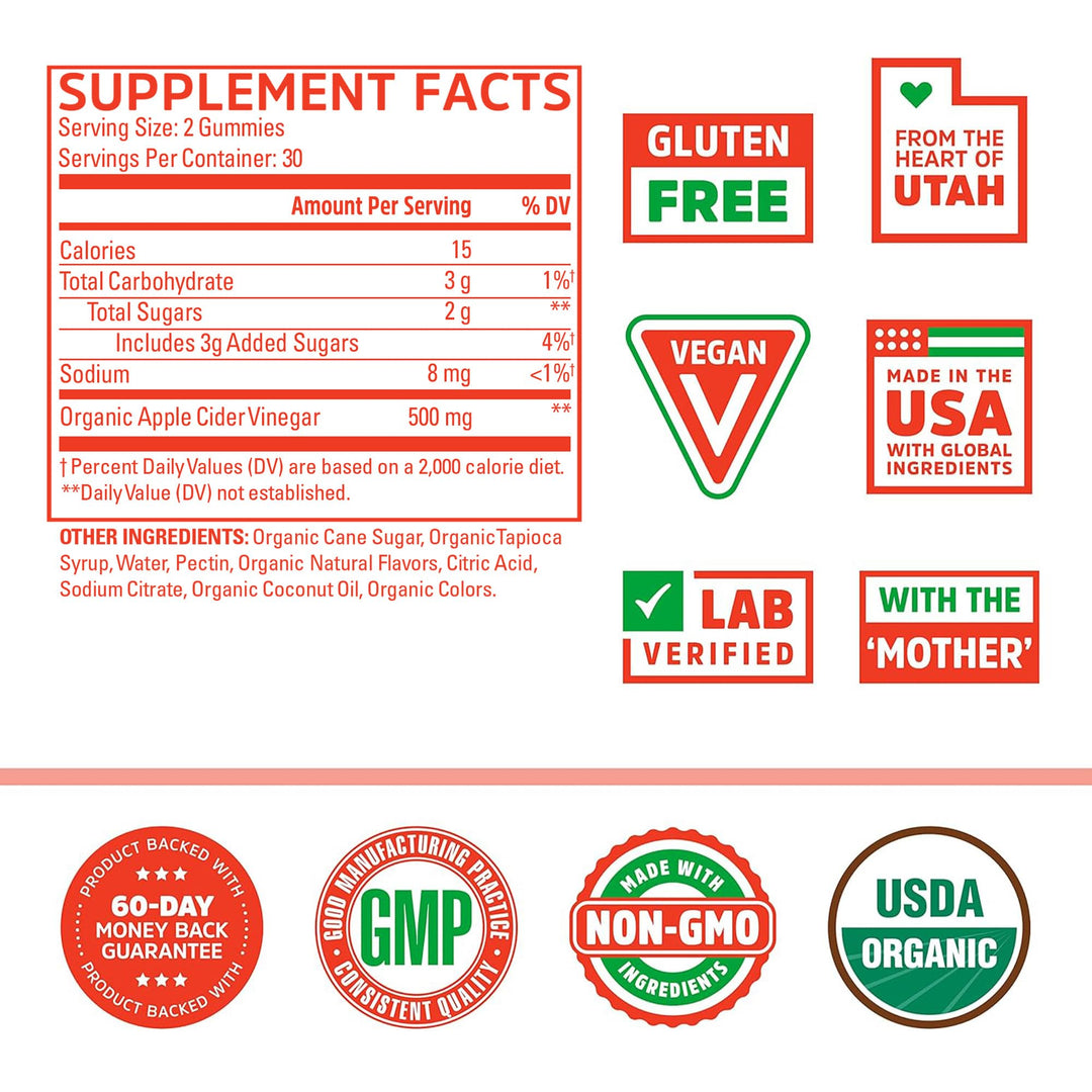 Zhou Apple Cider Vinegar Gummies - ACV Gummies for Women and Men with Elderberry, Delicious Taste with Raw Cane Sugar, USDA Organic - 60 Vegan Gummies