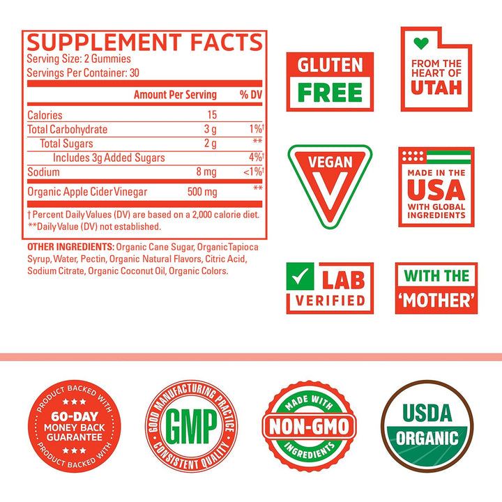 Zhou Apple Cider Vinegar Gummies - ACV Gummies for Women and Men with Elderberry, Delicious Taste with Raw Cane Sugar, USDA Organic - 60 Vegan Gummies