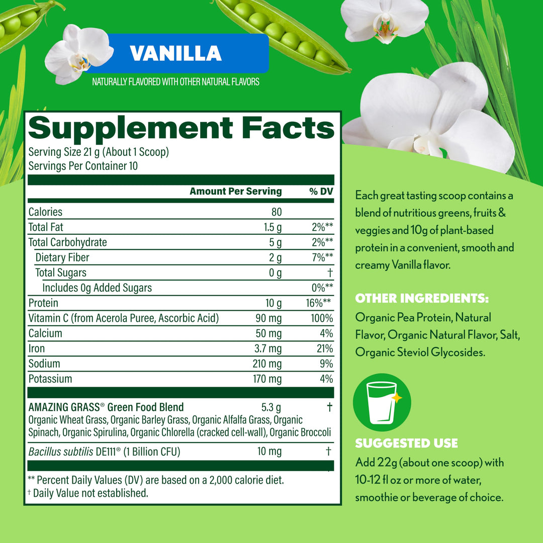 Amazing Grass Super Greens+ Protein Powder, Vanilla – 10g Plant-Based Protein, Supports Digestion &amp; Immune System, Organic Greens Blend, 10 Servings