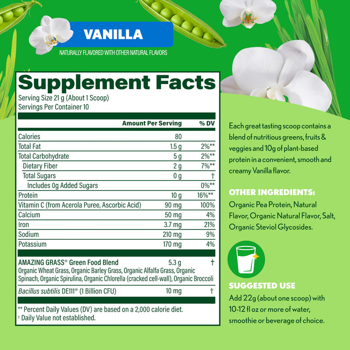 Amazing Grass Super Greens+ Protein Powder, Vanilla – 10g Plant-Based Protein, Supports Digestion &amp; Immune System, Organic Greens Blend, 10 Servings