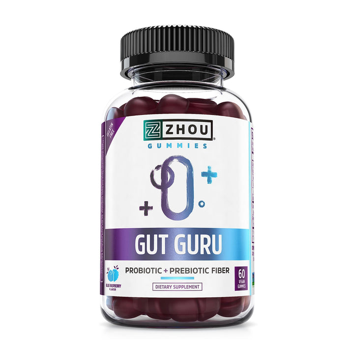 Zhou Gut Guru - Gut Health Gummies for Men and Women, Prebiotic and Probiotic Fiber Supplement for Digestion and Gut Health Support, Gluten Free, Non-GMO - 60 Vegan Gummies