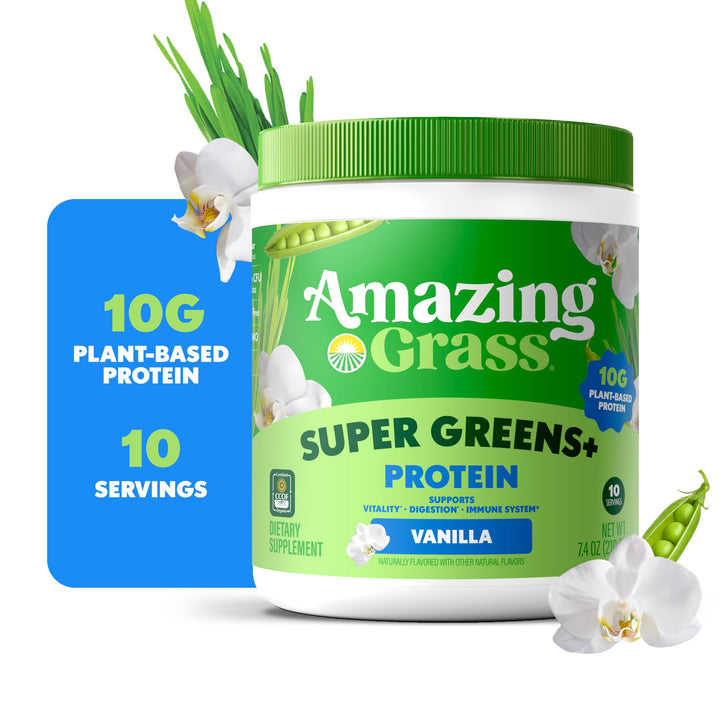 Amazing Grass Super Greens+ Protein Powder, Vanilla – 10g Plant-Based Protein, Supports Digestion &amp; Immune System, Organic Greens Blend, 10 Servings