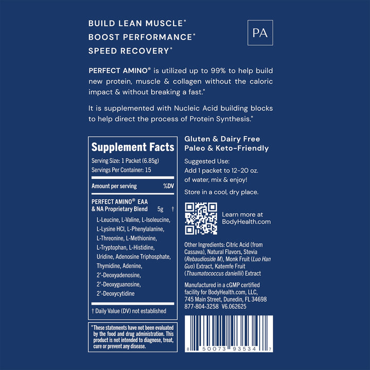 BodyHealth PerfectAmino Powder - BCAA and EAA Powder for Pre and Post Workout - Amino Acid Energy Drink for Men and Women to Support Lean Muscle and Recovery - Lemon Lime - Stick Packs - 15 Servings
