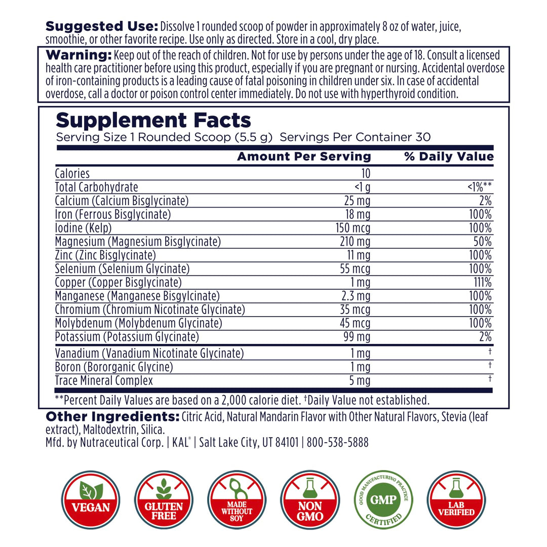 KAL Total Mineral+ Powder - Total Complex - Magnesium Glycinate, Zinc, Calcium and More - Bone Health &amp; Whole Body Support Supplement - Vegan, Non-GMO, Gluten-Free 60-Day Guarantee - 30 Servings