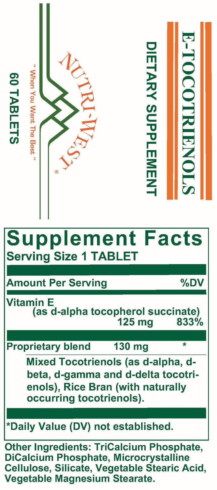 Nutri-West - E-Tocotrienols - 60 Tablets - Supplement Facts panel