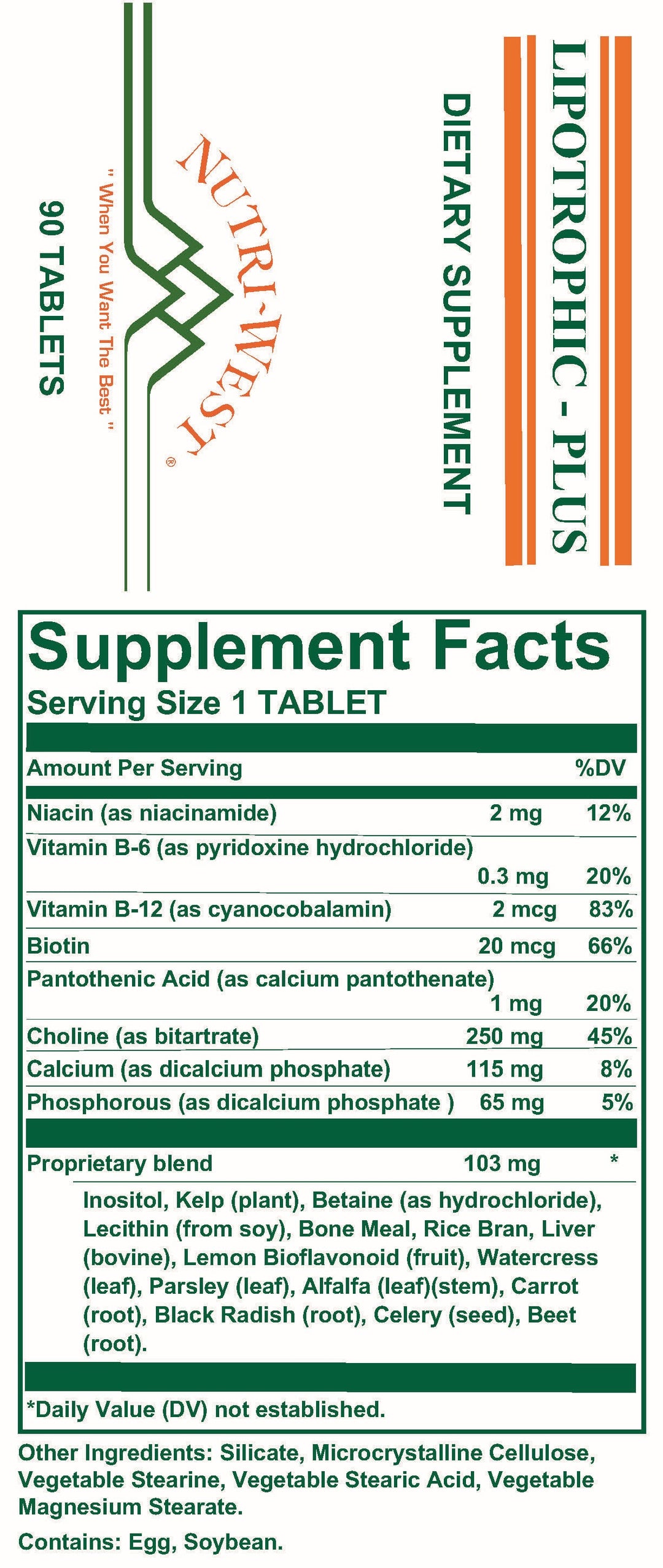 Nutri-West - Lipotrophic-Plus - 90 Tablets - Supplement Facts panel