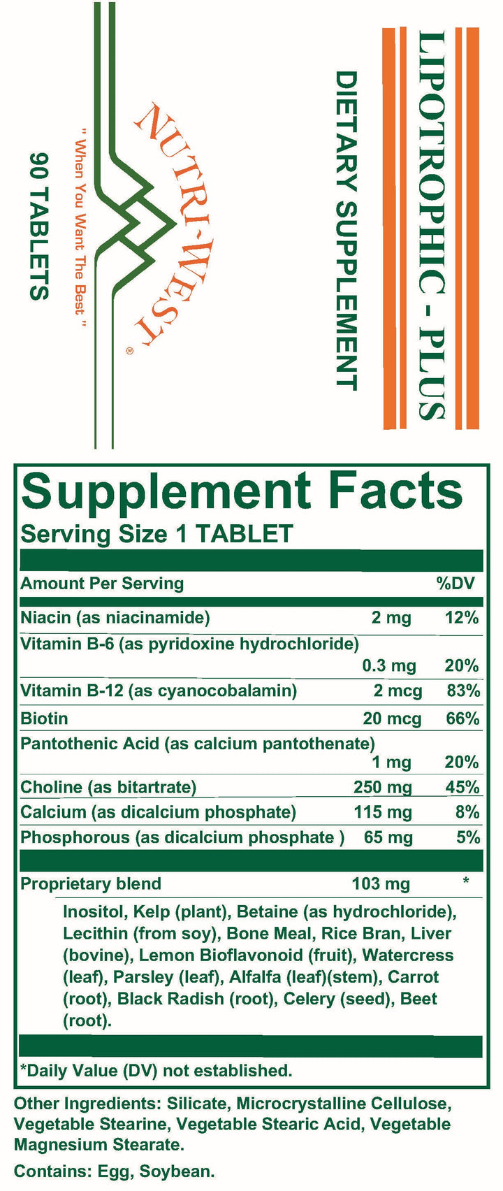 Nutri-West - Lipotrophic-Plus - 90 Tablets - Supplement Facts panel