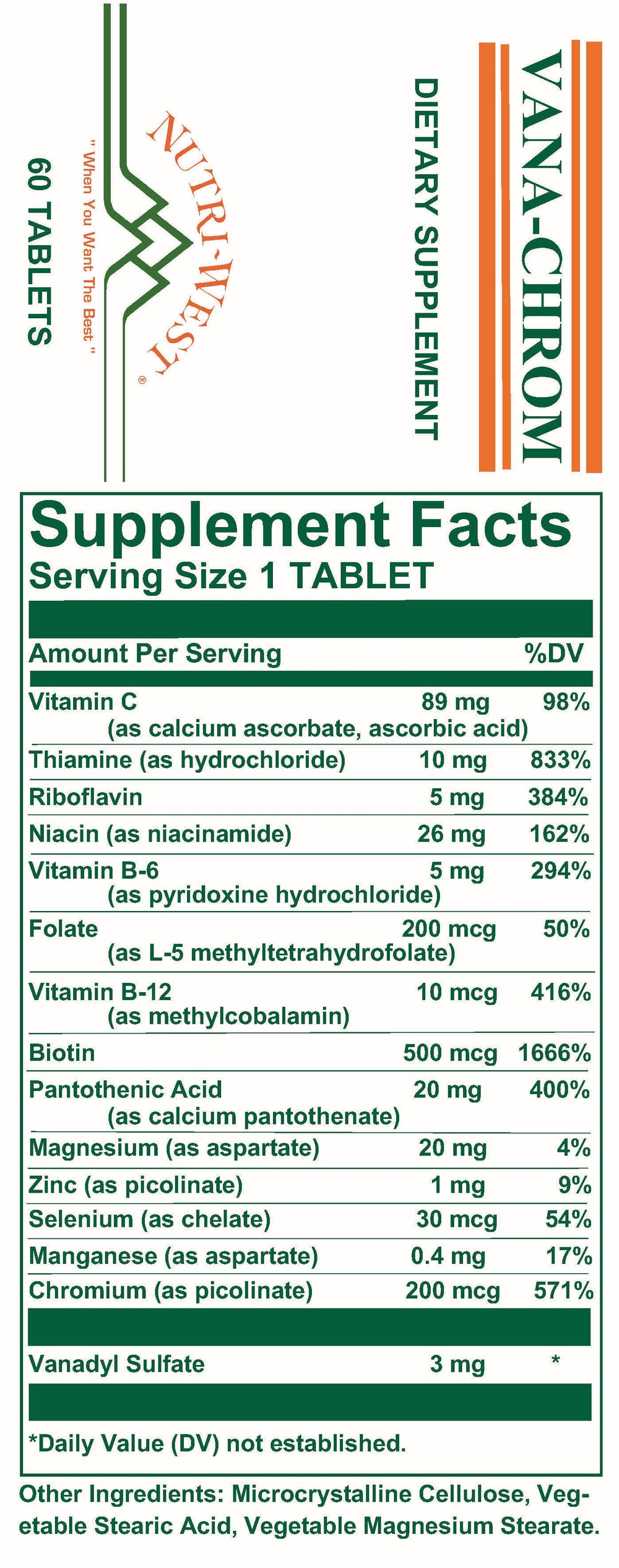 Nutri-West - Vana-Chrom - 60 Tablets - Supplement Facts panel