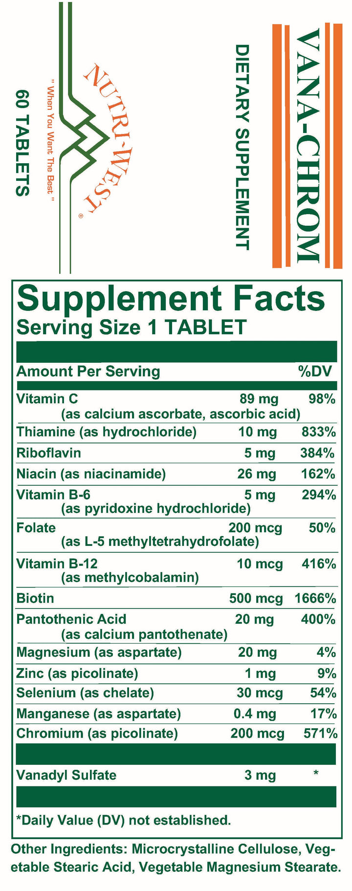 Nutri-West - Vana-Chrom - 60 Tablets - Supplement Facts panel