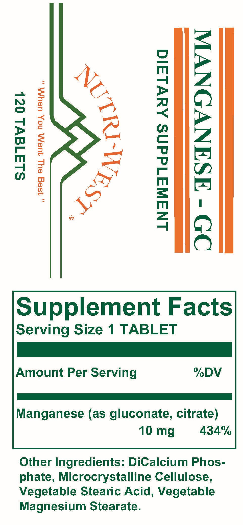 Nutri-West - Manganese-GC - 120 Tablets - Supplement Facts panel