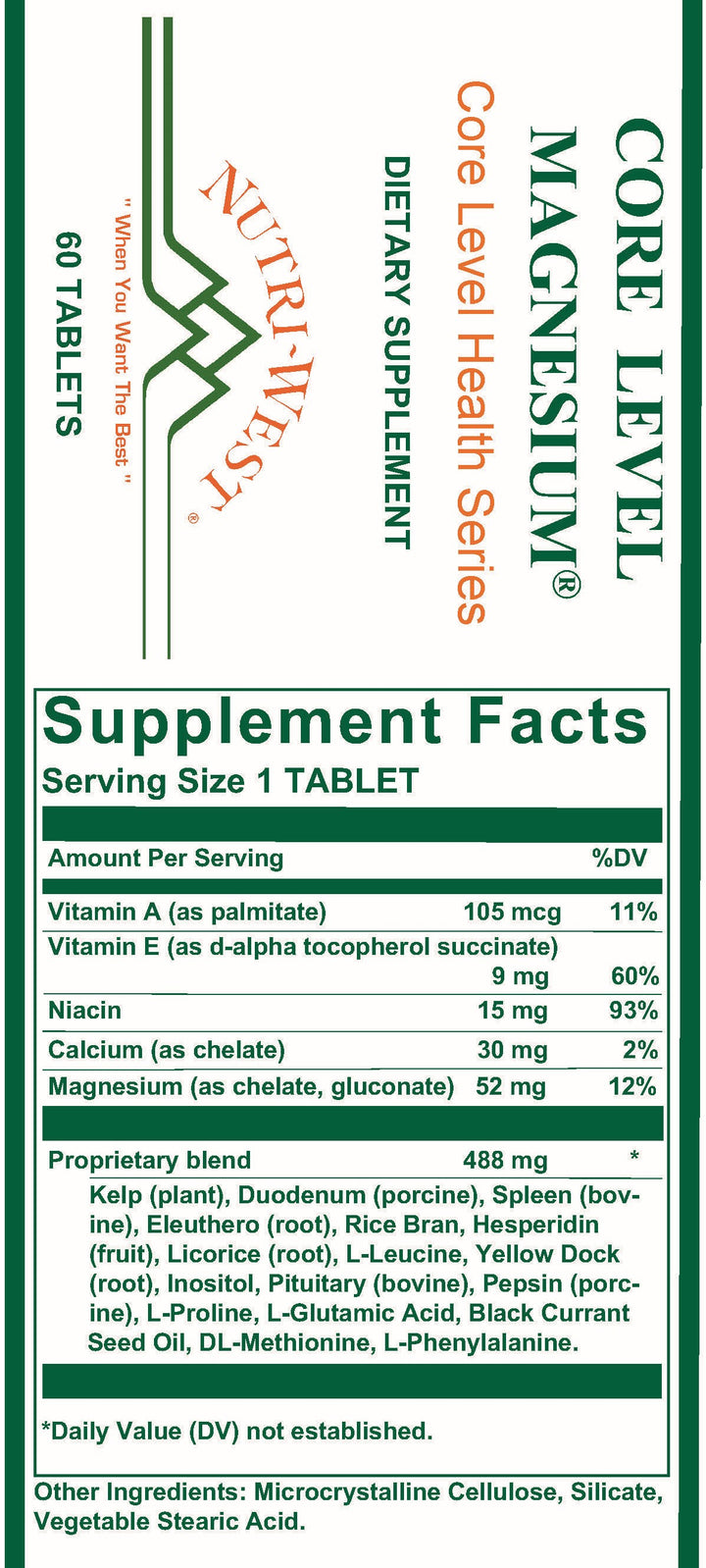 Nutri-West - Core Level Magnesium - 60 Tablets - Supplement Facts panel