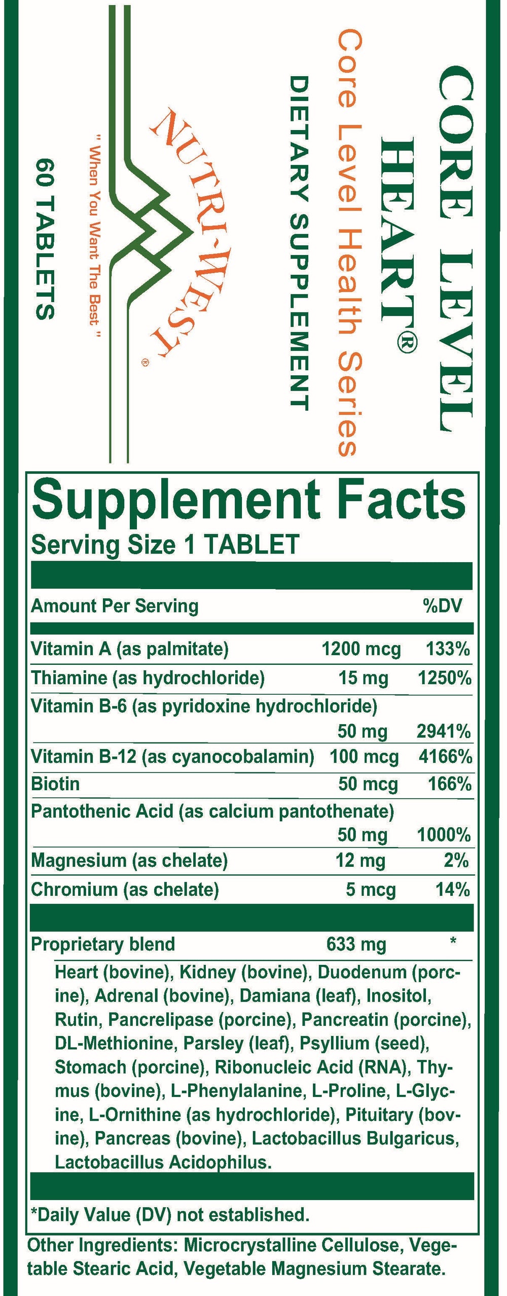 Nutri-West - Core Level Heart - 60 Tablets - Supplement Facts panel