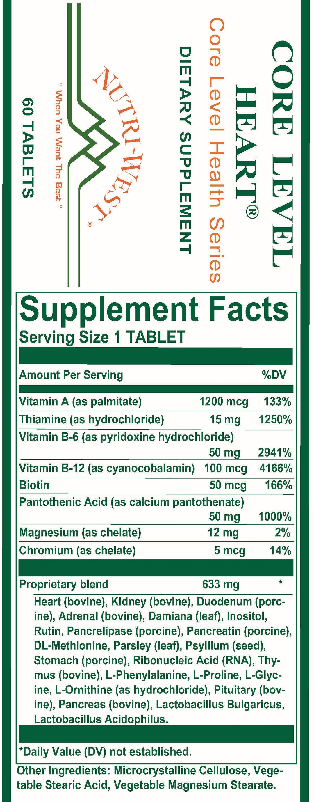 Nutri-West - Core Level Heart - 60 Tablets - Supplement Facts panel