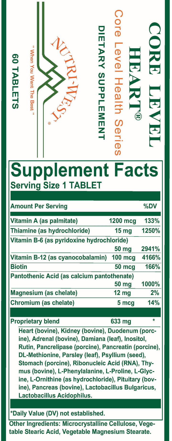 Nutri-West - Core Level Heart - 60 Tablets - Supplement Facts panel