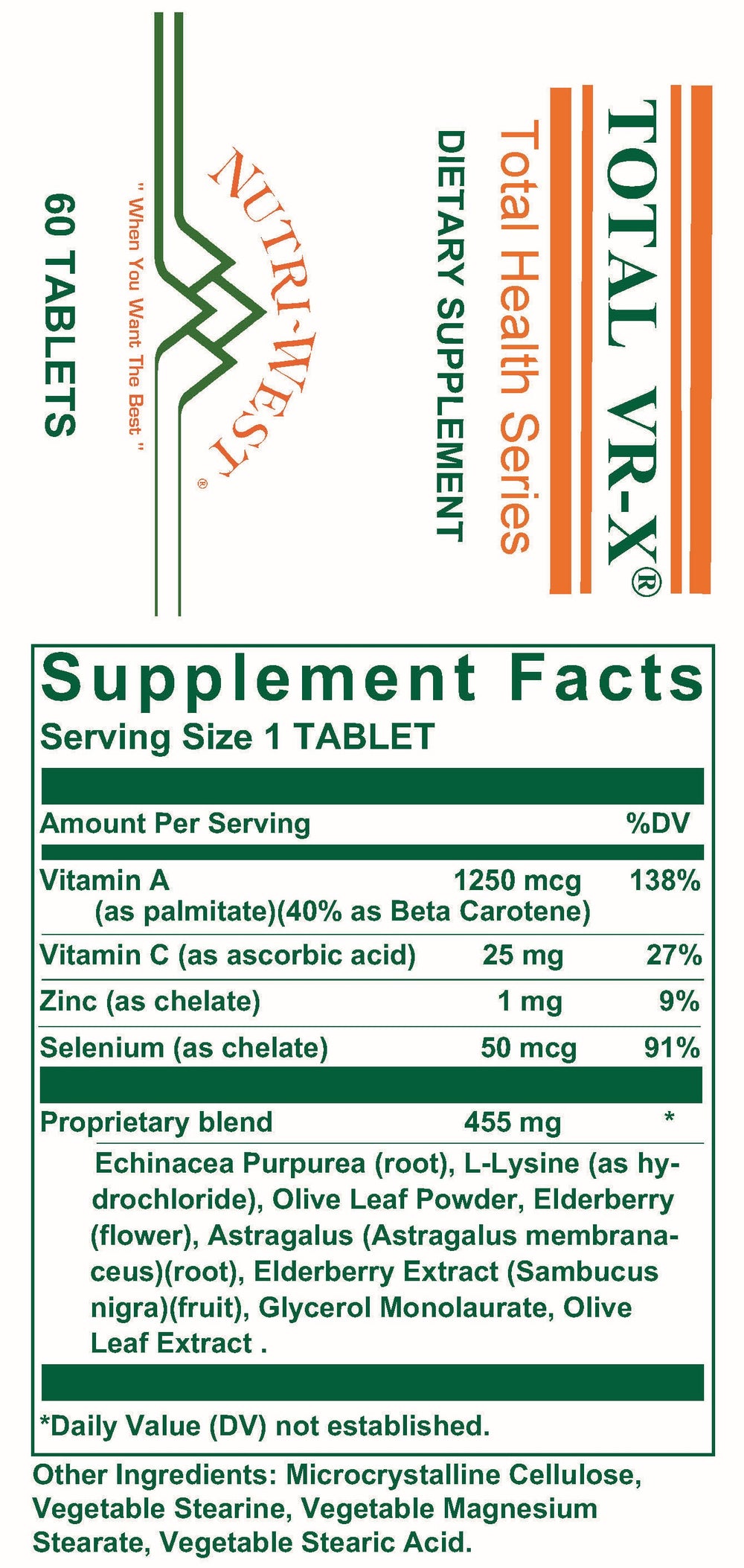 Nutri-West - Total VR-X - 60 Tablets - Supplement Facts panel