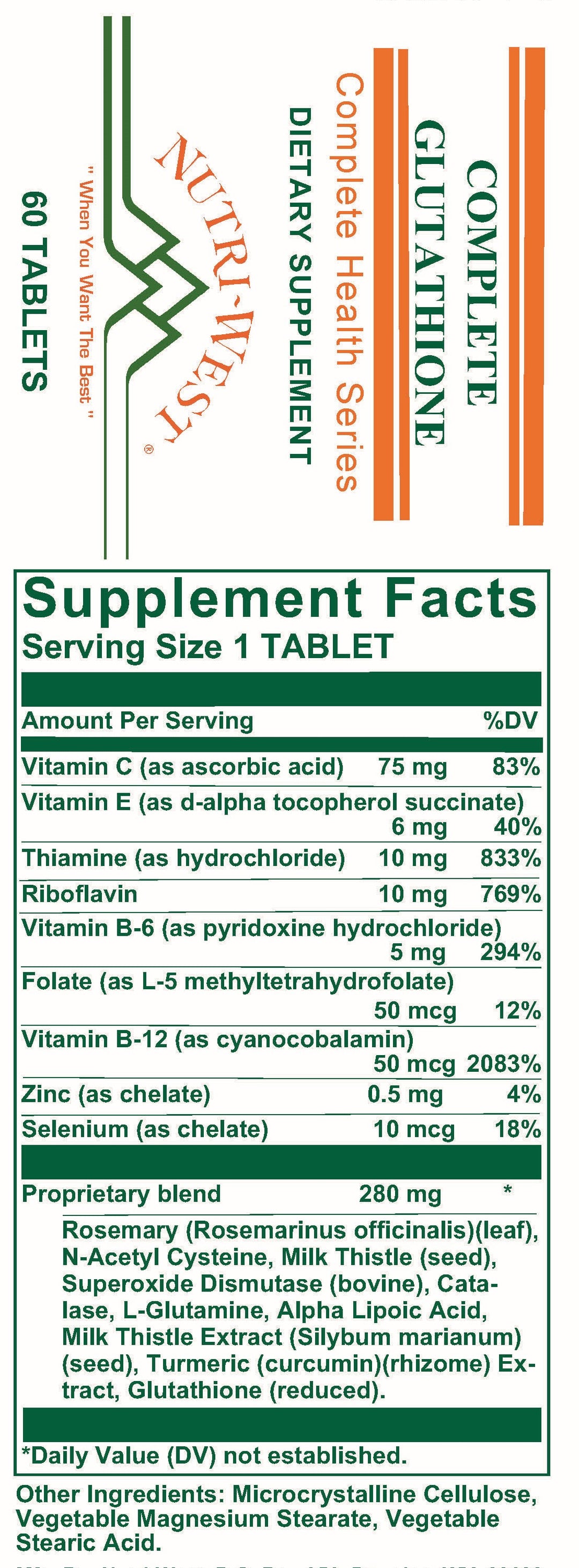 Nutri-West - Complete Glutathione - 60 Tablets - Supplement Facts panel