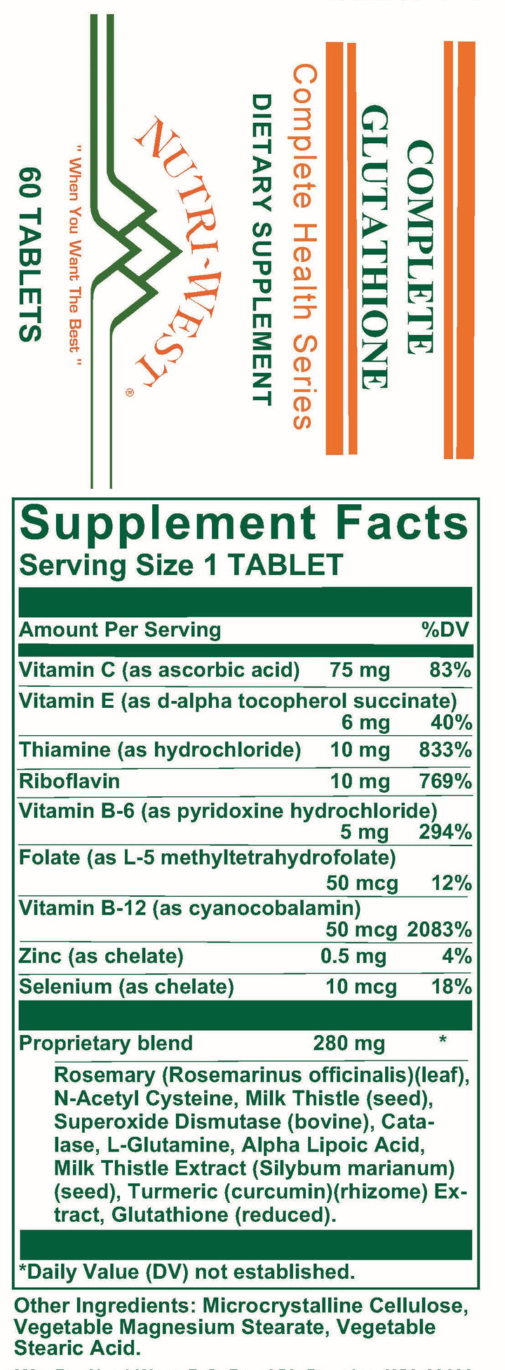 Nutri-West - Complete Glutathione - 60 Tablets - Supplement Facts panel