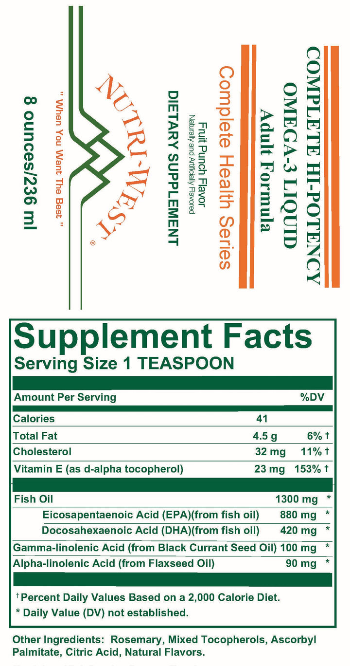 Nutri-West - Complete Hi-Potency Omega 3 Liquid - 8 oz - Supplement Facts panel