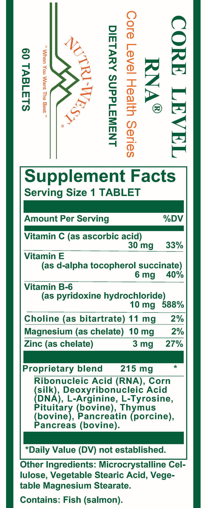Nutri-West - Core Level RNA - 60 Tablets - Supplement Facts panel