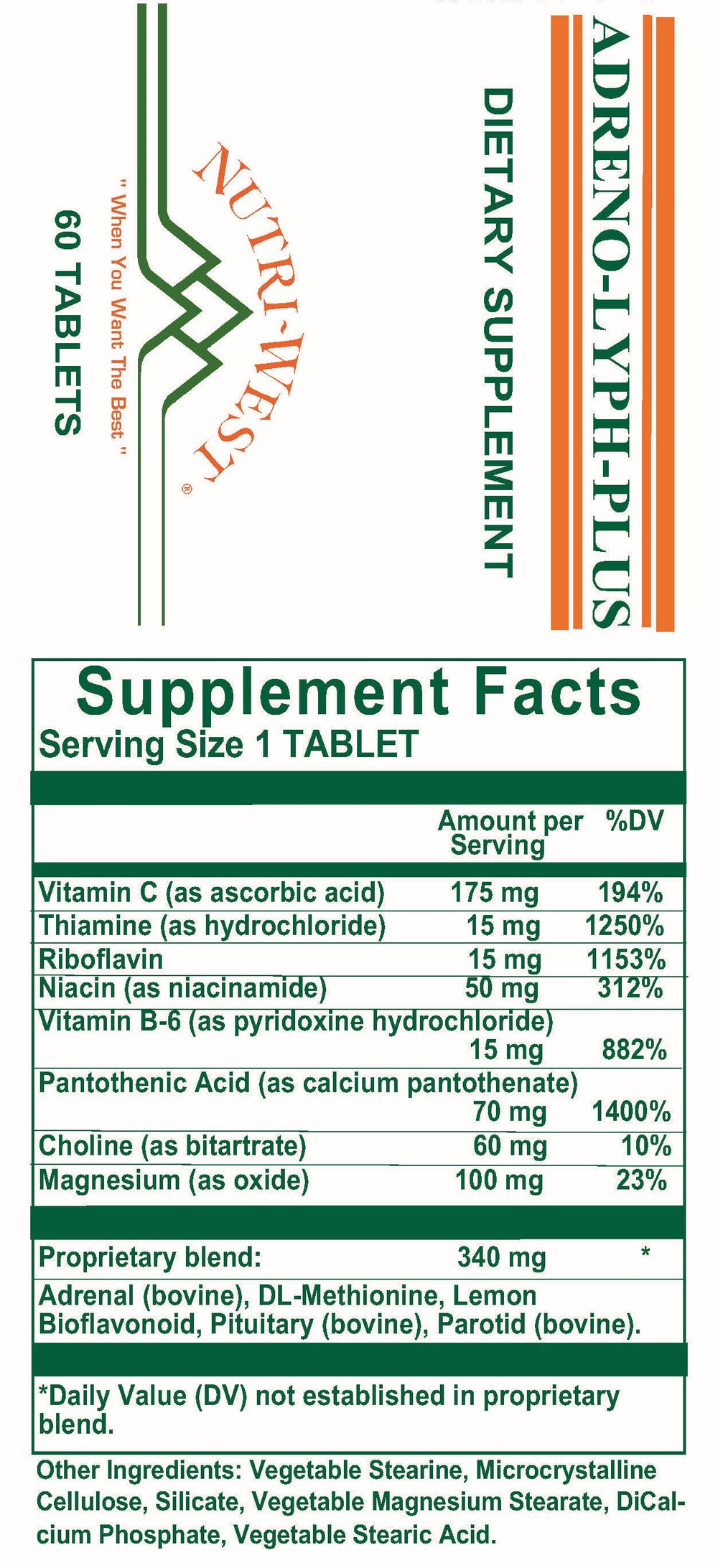 Nutri-West - Adreno Lyph Plus - 60 Tablets - Supplement Facts panel
