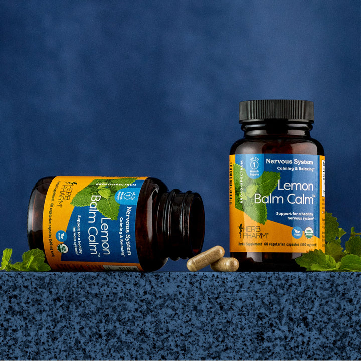 Herb Pharm Lemon Balm Calm Capsules: Calming Nervous System Support, Certified Organic Capsules with Lemon Balm Leaf Extract, Melatonin Free Relaxing Supplement, Vegan, 30 Day Supply, 60 Capsules