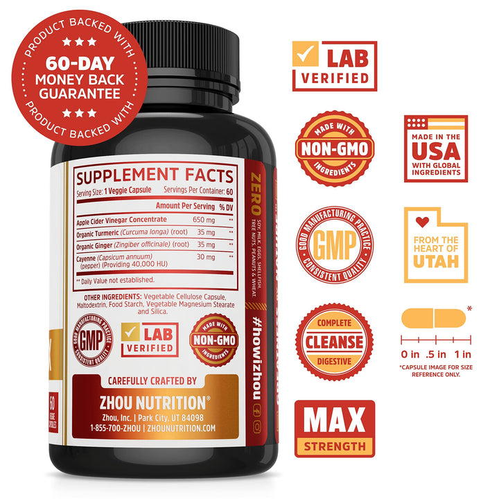 Zhou Cider Detox - Apple Cider Vinegar Capsules with Mother, Raw Natural ACV Pills for Women &amp; Men, Herbal Complex Supplement with Turmeric &amp; Cayenne Pepper - 60 Vegan Capsules
