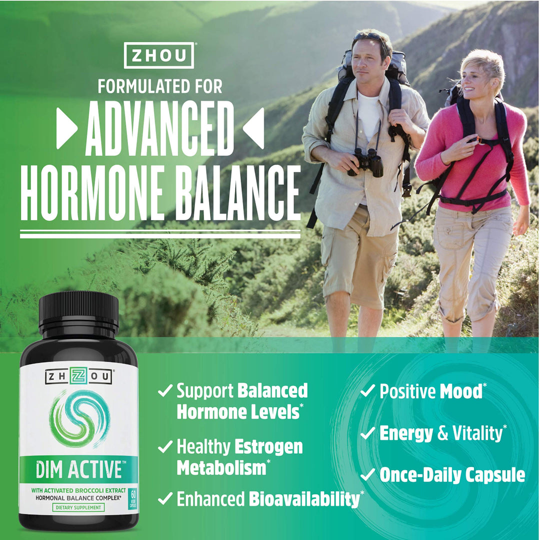 Zhou DIM Active - DIM Supplement, Hormone Balance for Women &amp; Men, Hormonal Support with 250mg Diindolylmethane - 60 Vegan Capsules