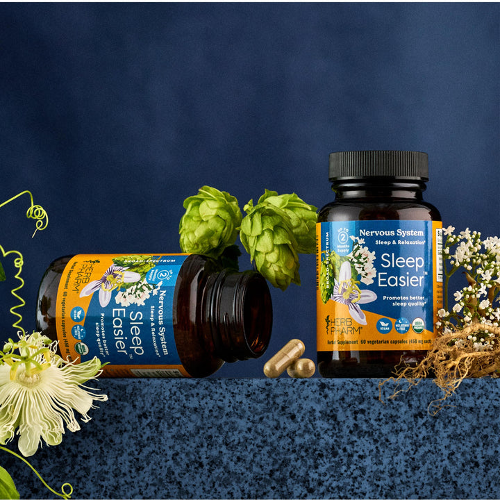 Herb Pharm Sleep Easier Capsules with Valerian Root &amp; Rhizome, Passionflower &amp; Hops. Melatonin Free Certified Organic Herbal Sleep Aid for Adults, Vegan, ~30-60 Day Supply, 60 Capsules*