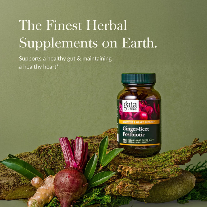 Gaia Herbs Ginger-Beet Postbiotic - Supplement for Gut &amp; Heart Health Support* - Made with Fermented Beets &amp; Ginger - Free from Dairy, Soy &amp; Gluten - 60 Vegan Liquid Phyto-Caps (30 Servings)