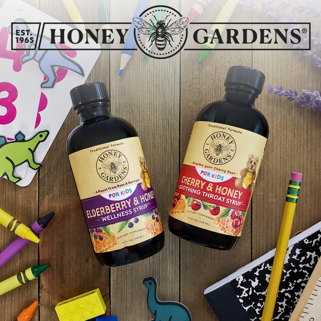 Honey Gardens Kids Cherry &amp; Honey Soothing Throat Syrup, Herbal Infused Raw Honey Syrup, Apitherapy Formula Includes Extracts of Umckaloabo, Black Cherry, Marshmallow, 24 Servings, 4 FL. OZ.