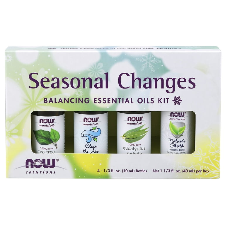NOW Essential Oils, Seasonal Changes Balancing Aromatherapy Kit, 4x10ml Including Tea Tree, Eucalyptus Radiata, Clear the Air and Nature?s Shield Oil Blend With Child Resistant Caps
