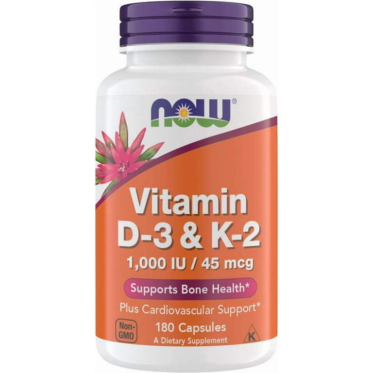 Now Supplements Vitamin D3 K2, 1,000 IU/45 mcg, Cardiovascular Support, Supports Bone Health, 180 Vegetarian Capsules - Vegan, Gluten Free, Kosher