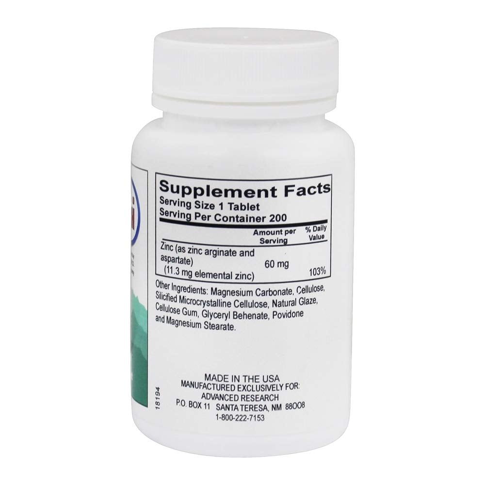Advanced Research - Zinc Arginate 60 mg. - 200 Tablets - The Oasis of Health