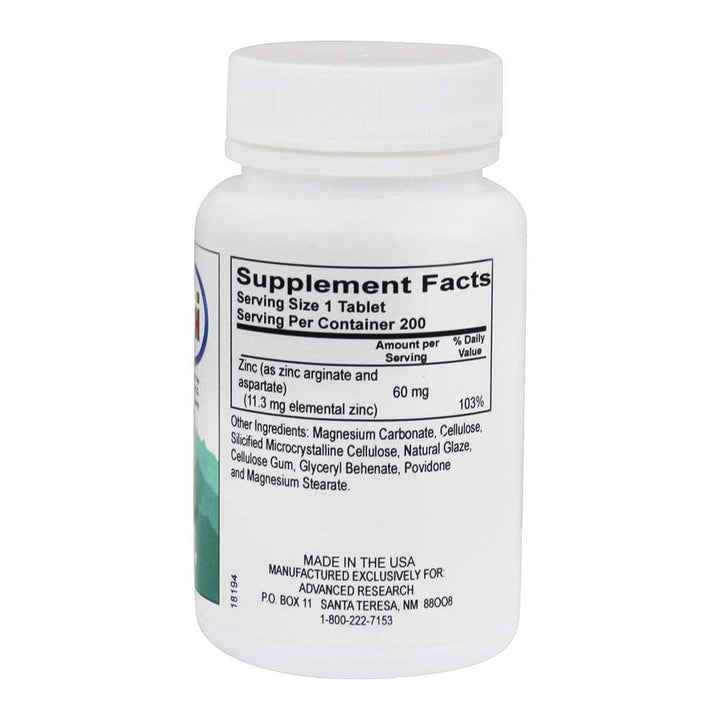 Advanced Research - Zinc Arginate 60 mg. - 200 Tablets - The Oasis of Health