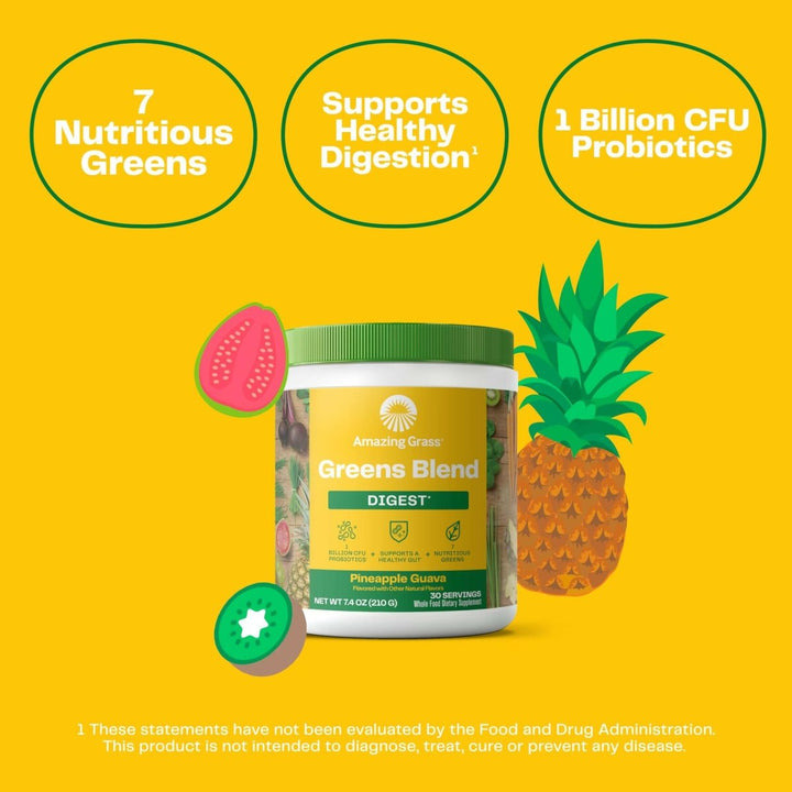 Amazing Grass Greens Blend Digest: Super Greens Powder Smoothie Mix for Digestion Support with Organic Spirulina, Chlorella, Beet Root Powder, Digestive Enzymes & Probiotics, 30 Servings - The Oasis of Health