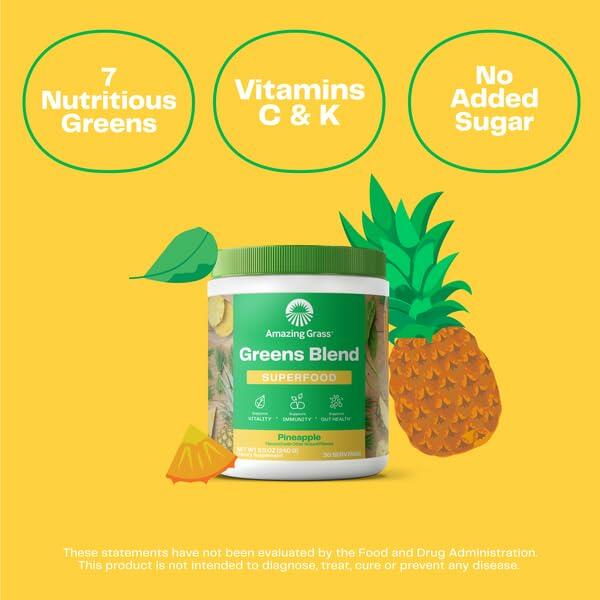 Amazing Grass Greens Blend Superfood: Greens Powder Mix for Vitality, with Organic Spirulina, Chlorella, Beet Root Powder, Digestive Enzymes & Probiotics, Pineapple, 30 Servings (Packaging May Vary) - The Oasis of Health