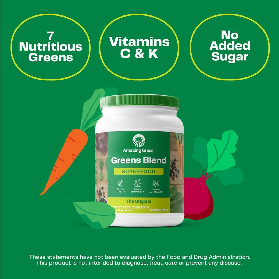 Amazing Grass Greens Blend Superfood: Super Greens Powder with Spirulina, Alfalfa, Beet Root Powder, Digestive Enzymes, Prebiotics & Probiotics, Original, 100 Servings (Packaging May Vary) - The Oasis of Health
