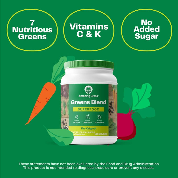 Amazing Grass Greens Blend Superfood: Super Greens Powder with Spirulina, Alfalfa, Beet Root Powder, Digestive Enzymes, Prebiotics & Probiotics, Original, 100 Servings (Packaging May Vary) - The Oasis of Health