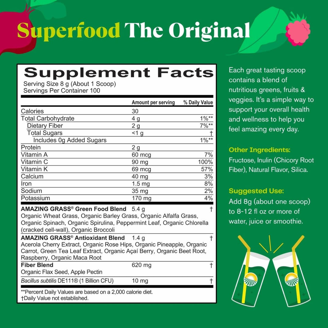 Amazing Grass Greens Blend Superfood: Super Greens Powder with Spirulina, Alfalfa, Beet Root Powder, Digestive Enzymes, Prebiotics & Probiotics, Original, 100 Servings (Packaging May Vary) - The Oasis of Health