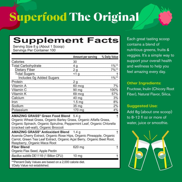 Amazing Grass Greens Blend Superfood: Super Greens Powder with Spirulina, Alfalfa, Beet Root Powder, Digestive Enzymes, Prebiotics & Probiotics, Original, 100 Servings (Packaging May Vary) - The Oasis of Health