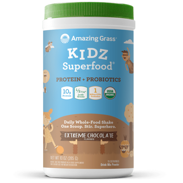 Amazing Grass Kidz Superfood Protein + Probiotics Extreme Chocolate 15 Servings 10 oz - The Oasis of Health