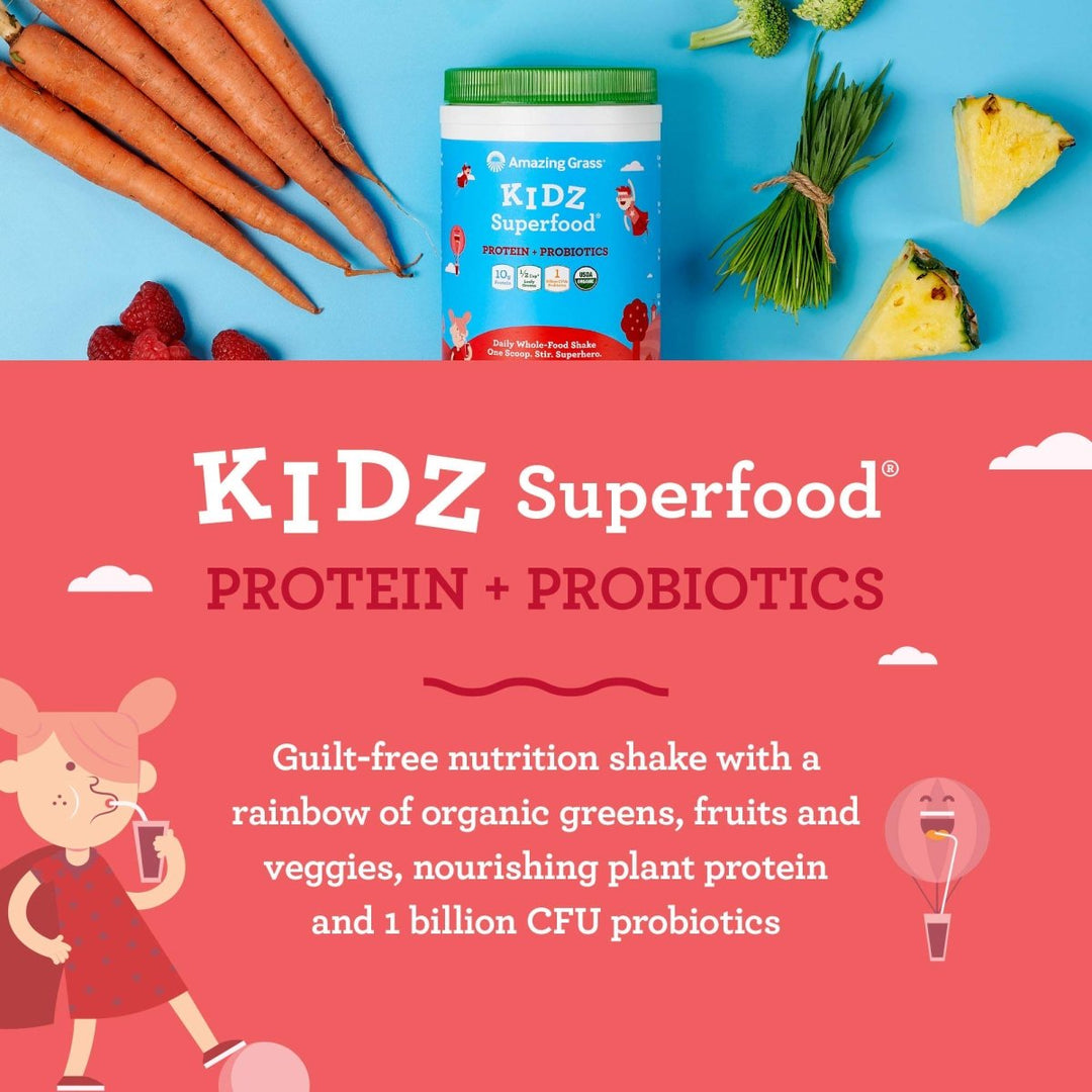 Amazing Grass Kidz Superfood: Vegan Protein &amp; Probiotics for Kids with Beet Root Powder &amp; 1/2 Cup of Leafy Greens, Strawberry Blast, 15 Servings - The Oasis of Health