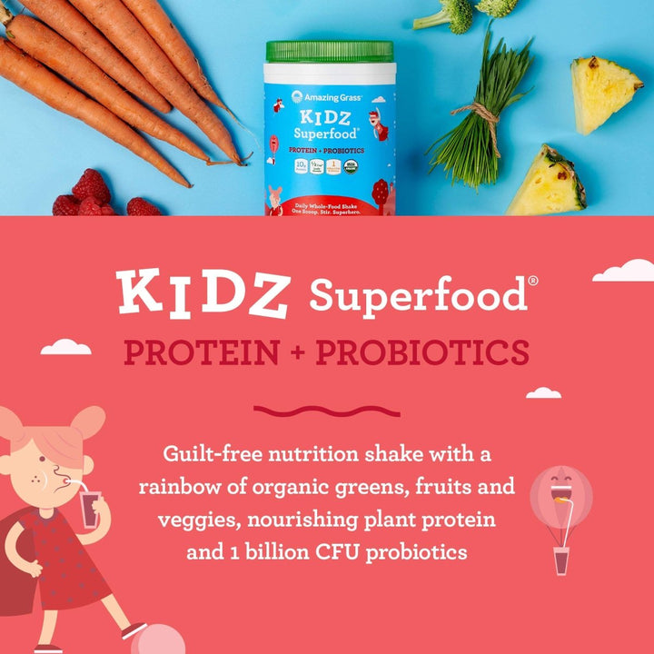 Amazing Grass Kidz Superfood: Vegan Protein &amp; Probiotics for Kids with Beet Root Powder &amp; 1/2 Cup of Leafy Greens, Strawberry Blast, 15 Servings - The Oasis of Health